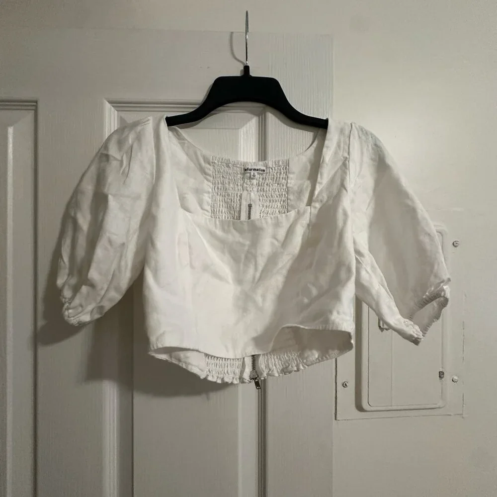 Reformation White Puff-Sleeve Cropped Blouse
